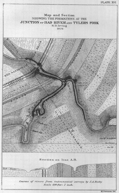Map and Section Showing the Formations at the Junction of Bad River and Tylers Fork" by R. D. Irving, 1873. Published in the Geology of Wisconsin: Volume III.