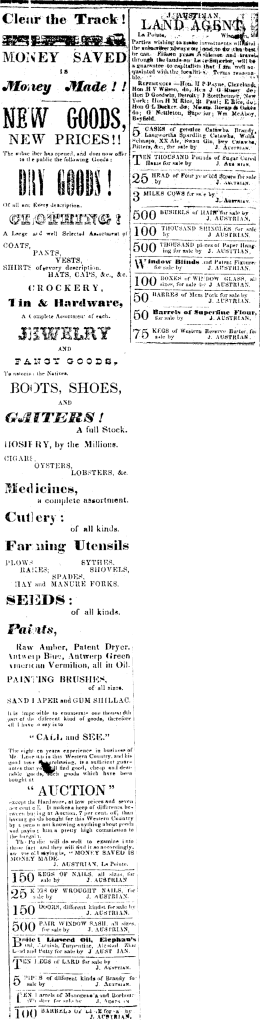 Advertisements of Julius Austrian (Bayfield Mercury, Month? Day?, 1857)