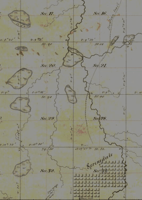Springdale townsite (John Sidebotham's Claim), the Ironton Trail, and the Iron Range at The Gorge of Tyler's Fork River. (Detail of Albert Stuntz's 1857 PLSS survey map)