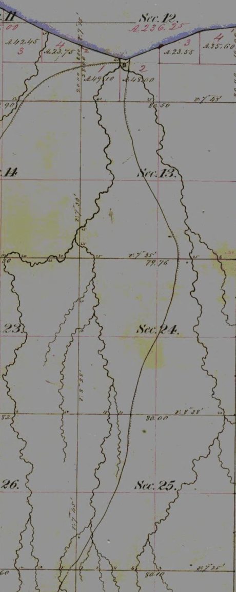 Ironton townsite claim at Saxon Harbor with trails to Odanah and the Penoka Iron Range. (Detail from Wisconsin Public Land Survey Records during November of 1861)