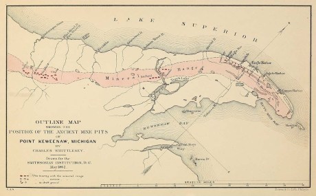 Outline Map showing the position of the ancient mine-pits of Point Keweenaw, Michigan ~ Ancient Mining on the Shores of Lake Superior, by Charles Whittlesey