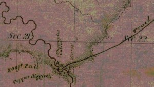 Detail of copper exploration Big Manitou Falls from T47N R14W survey which Augustus worked on.