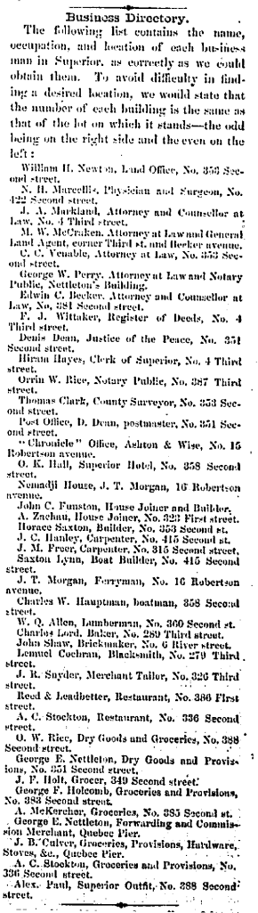 Business Directory published in June 26th, 1855, issue of the Superior Chronicle.