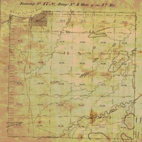 Original survey map of T47N R4W. Details include: Ashland townsite; Fish Creek sloughs; Long Island Bay; and trails to Bad River, the White River, and the Penokee Mountains.