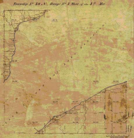 Original survey map of Chequamegon Bay (T48N R4W). Details include: Long Island Bay, Lapointe Indian Reservation, Vanderventer's, Butterfield's, Haskell's, Rollin's, Danielson's, and other settlements. Today, this area includes Washburn and the east side of Ashland.