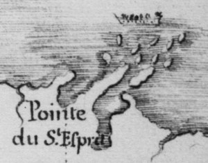 Detail of Lapointe du Saint Espirit and Mission du Saint Espirit from Claude Allouez Map of New France, 1669. ~ Research Laboratories of Archaeology