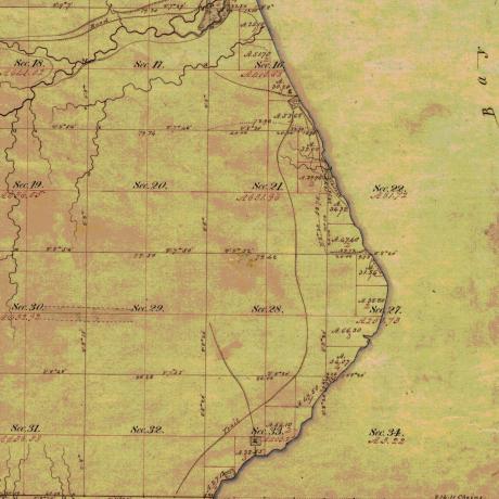 Detail of existing settlements and trails near Houghton Point from the Barber brothers' 1855 survey of Chequamegon Bay.