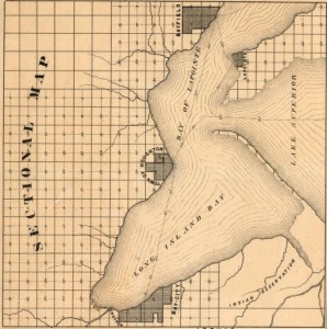 Map inset of Chequamegon Bay with Houghton, LaPointe, Bayfield, Ashland, and Bay City.