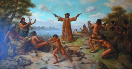 "Jean Nicolet, landing at the Bay of Green Bay in 1634. Painted by Franz Edward Rohrbeck (1852-1919) in 1910 into the mural in the rotunda of the Brown County Courthouse, Green Bay, Wisconsin. It shows Nicolet wearing a Chinese damask tunic strewn with flowers and birds, and discharging two pistols into the air." ~ Wikipedia.org