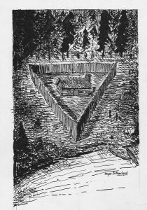 "Front view of the Radisson cabin, the first house built by a white man in Wisconsin. It was built between 1650 and 1660 on Chequamegon Bay, in the vicinity of Ashland. This drawing is not necessarily historically accurate." ~ Wisconsin Historical Society