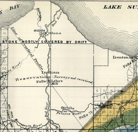 Details of settlements on the La Pointe Reservation from Charles Whittlesey's 1860 Geological Map of the Penokie Range.