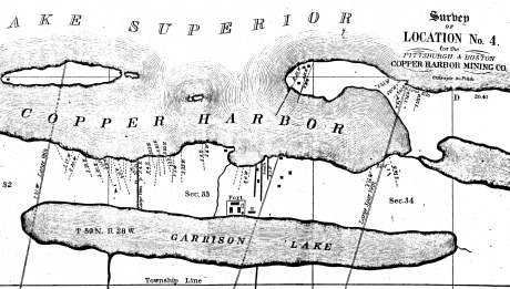Detail of a Survey of Location No. 4 for the Pittsburgh & Boston Copper Harbor Mining Co. (Image digitized by the Detroit Public Library Burton Historical Collection for The Cliff Mine Archeology Project Blog).