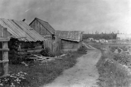 "Dirt trail passing log shack that was probably the home of Michael and Madeline Cadotte, La Pointe." ~ Wisconsin Historical Society