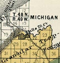Detail of the Upper Falls (Saxon Falls) on the Montreal River in Township 47 North, Range 1 East from Charles Whittlesey’s 1860 Geological Map of the Penokie Range.
