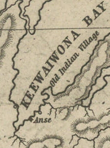 Detail of "Keewaiwona Bay" with "Anse" and an "Old Indian Village" from Map of the Mineral Lands Upon Lake Superior Ceded to the United States by the Treaty of 1842 With the Chippeway Indians. ~ Wisconsin Historical Society