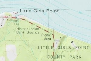 Topographic map of the gorge at Little Girls Point County Park. ~ United States Geological Society