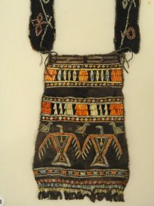 "Ojibwe shoulder pouch depicting two thunderbirds in quillwork, Peabody Museum Harvard." ~ Commons.Wikimedia.org