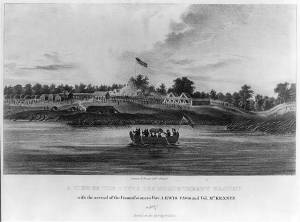"A view of the Butte des Morts treaty ground with the arrival of the commissioners Gov. Lewis Cass and Col. McKenney in 1827" by James Otto Lewis. ~ Library of Congress