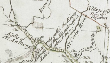 Detail of Saint Anthony's Falls from Carver [Jonathan], Captain. Journal of his travels with maps and drawings, 1766. ~ Boston Public Library