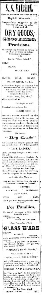Vaughn advertisement from the August 22nd, 1857, issue of the Bayfield Mercury newspaper.
