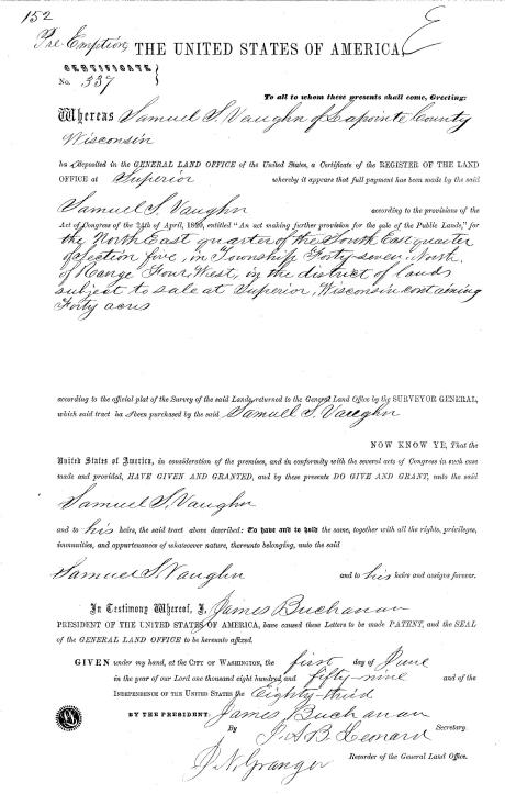 Vaughn was issued his patent to 40 acres in Ashland on June 1st, 1859. ~ General Land Office Records